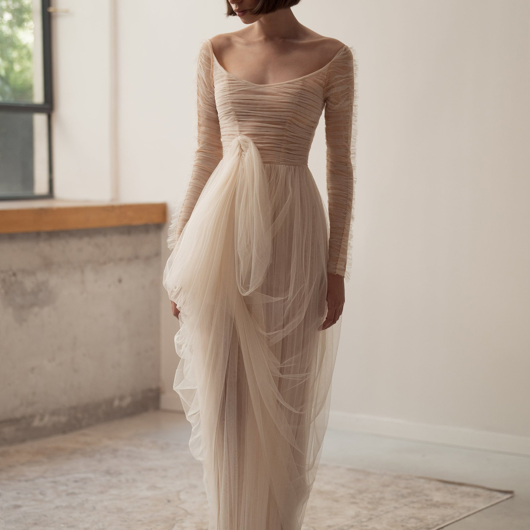 Dreamy gerade Unkrautkleid Einfache Langarm Braut Robe Elegant Falten Tüll Brautkleider Vestidos de Novia