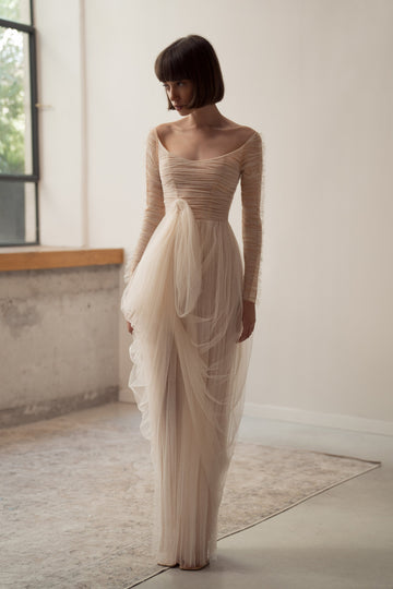Dreamy gerade Unkrautkleid Einfache Langarm Braut Robe Elegant Falten Tüll Brautkleider Vestidos de Novia