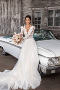 Elegant A-Line Wedding Dress with Long Sleeves, V-Neckline & Flattering Natural Waistline