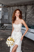 Strapless Sheath Wedding Dress with Boat Neckline, Delicate Lace & Flattering Natural Waistline