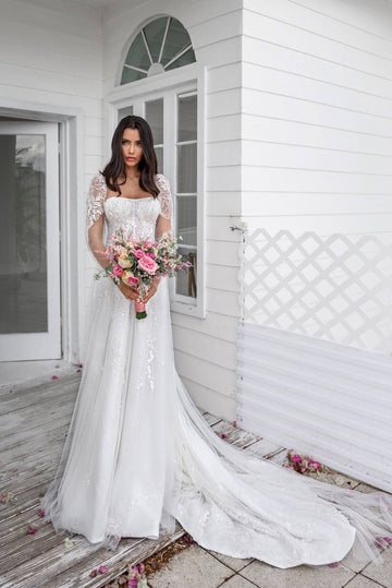 Elegant Off-Shoulder A-Line Wedding Dress with Flattering Natural Waistline