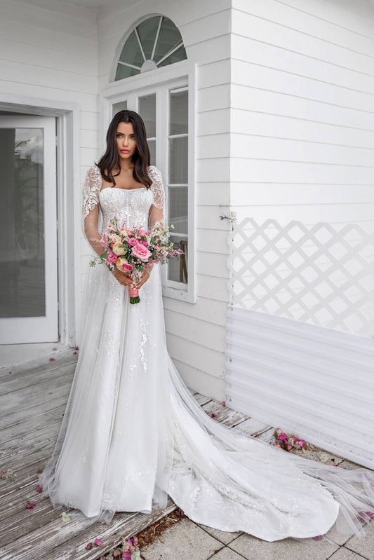 Elegant Off-Shoulder A-Line Wedding Dress with Flattering Natural Waistline - Camilla's