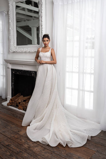 Graceful A-Line Wedding Dress with Spaghetti Straps, Square Neckline & Flattering Natural Waistline