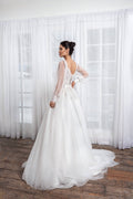 Elegant Long-Sleeve A-Line Wedding Dress with V-Neckline & Flattering Natural Waistline