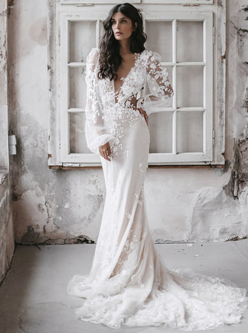 Bohemia sereia vestidos de casamento sem costas mangas compridas vestidos de noiva 3d-floral apliques ilusão vestidos de noiva feitos sob encomenda