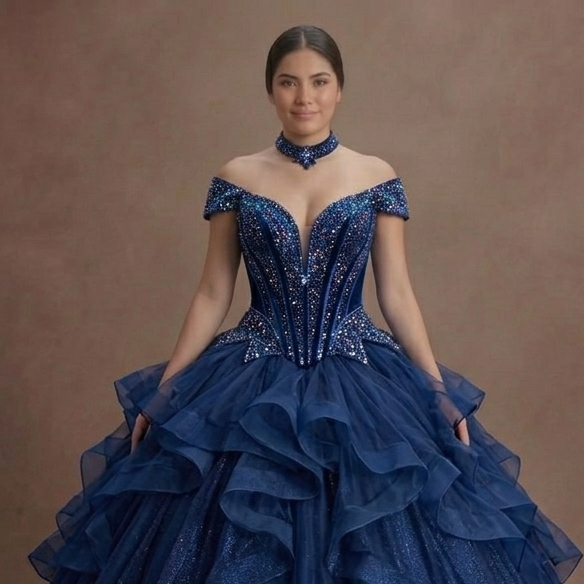 Dark Blue Quinceañera Dress Glittering Corset Design