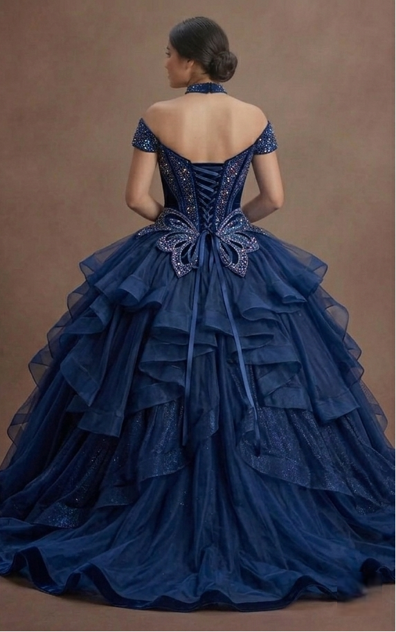 Dark Blue Quinceañera Dress Glittering Corset Design