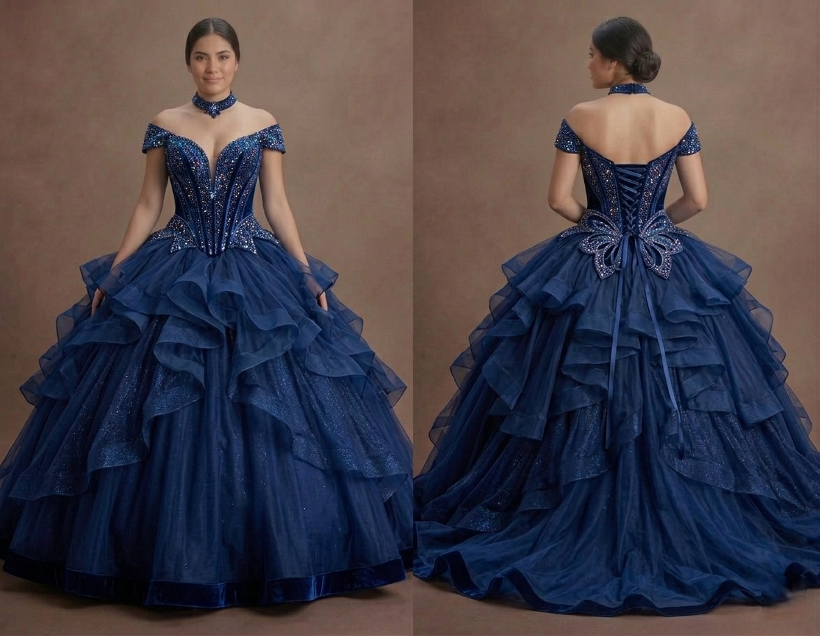 Dark Blue Quinceañera Dress Glittering Corset Design