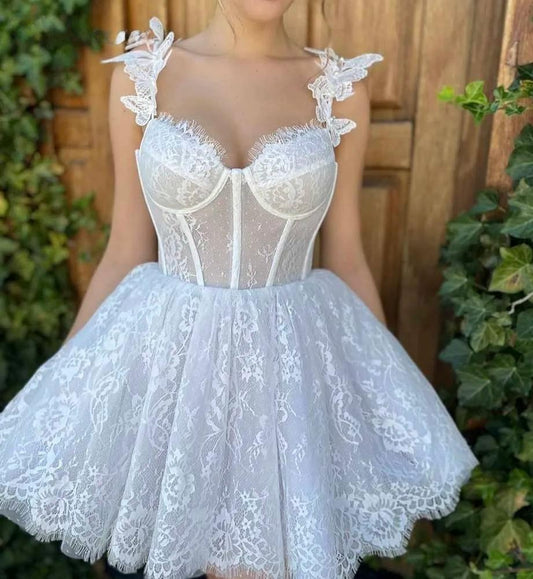 Querida borboletas alças finas vestido de noiva curto renda sem mangas acima do joelho vestido de noiva com renda nas costas 