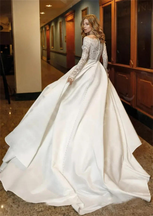 Classic Lace Appliques trouwjurk boho boho lange mouwen knoppen terug a-line satijn aangepaste bruids avondjurk verjaardagsfeestje jurk