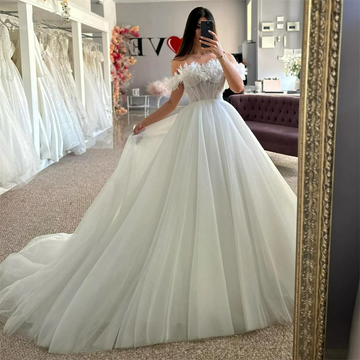 Lorie Elegant Tulle Robes de mariée ruchées sur l'épaule A-Line 3D Fleurs Bridal Ball Back Backless Princess Bride Robe