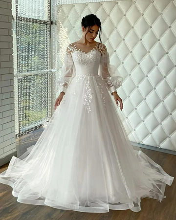 Sierlijke o-neck lange mouw trouwjurk klassieke kanten appliques bruid gewaad a-line tule lange bruidsjurk robe de mariée
