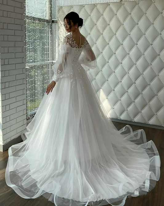 Gracioso o-pescoço manga longa vestido de casamento clássico rendas apliques noiva robe a linha tule longo vestido de noiva robe de mariée