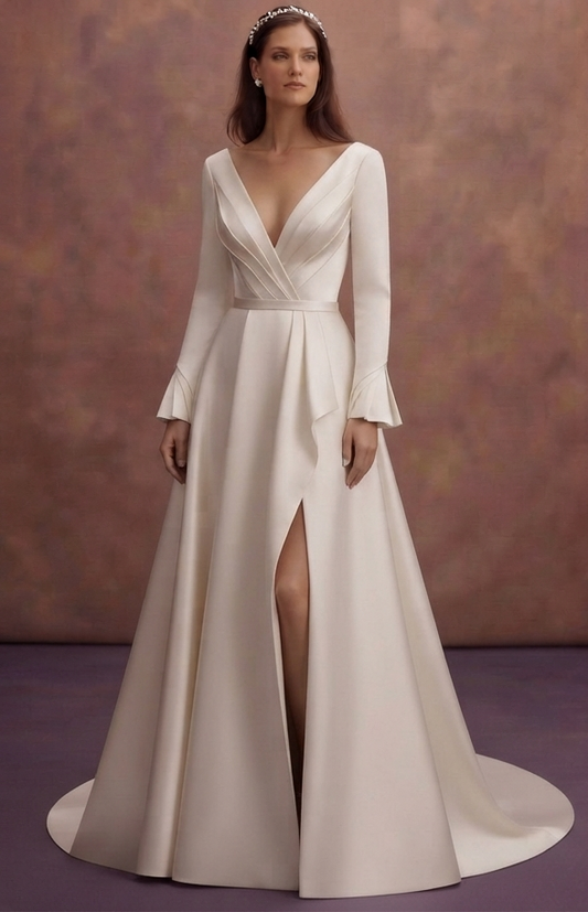 Deep V Satin Wedding Dresses with Contemporary Flair