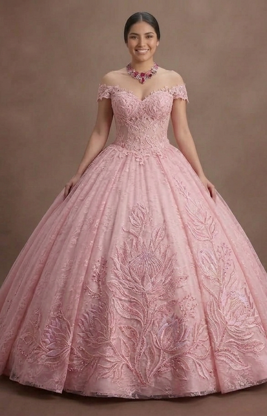 Delicate Lace Pink Quinceañera Dress for Elegant Events