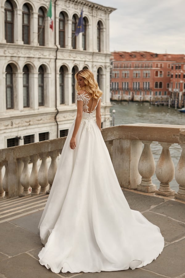 Elegant A-Line Marriage Dress with Dropped Straps, Deep Neckline, and Application Embellishments, Featuring a Natural Waistline for a Stunning Bridal Look