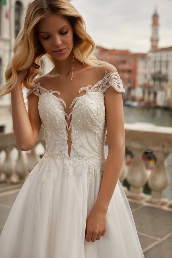 Elegant A-Line Marriage Dress with Dropped Straps, Deep Neckline, and Application Embellishments, Featuring a Natural Waistline for a Stunning Bridal Look