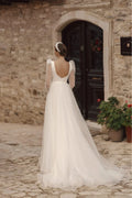 Stylish Square Collar Bridal Dress Slit Tulle Long Sleeves Backless A-line Vestido De Casamento Customized