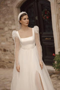 Stylish Square Collar Bridal Dress Slit Tulle Long Sleeves Backless A-line Vestido De Casamento Customized