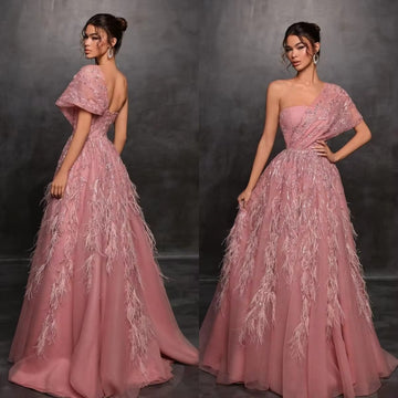 Luxury Feather One Shoulder A-line Tulle Prom Dress Sleeveless فستان حفلات الزفاف Gorgeous Backless Robes De Soirée