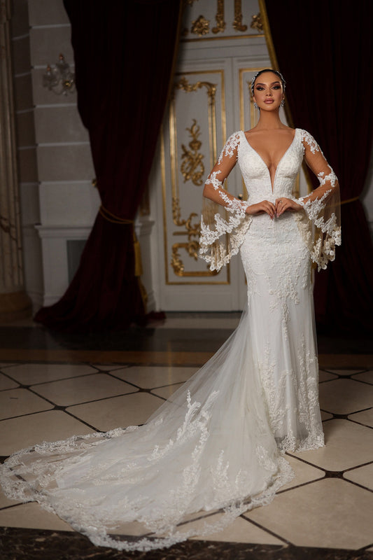 Elegant Mermaid Wedding Dresses Deep V-neck Long Sleeves Lace Applicants Tulle Backless Bridal Gown Custom Vestidos De Novia