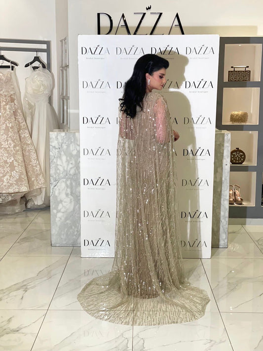 Noble Saudi Arabic Prom Dresses V-Neck Formal Evening Dresses Long Cape Sleeves Sequined Women Party Gowns Event