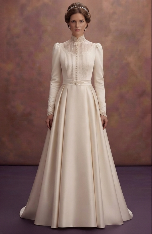 Edwardian Satin Wedding Dresses with Elegant Sleeves