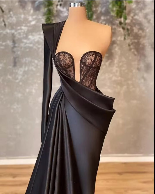 Vestido de fiesta elegante negro con hombros descubiertos, sirena, manga de un hombro, plisado de satén, largo hasta el suelo, apliques de encaje formal, vestidos de noche