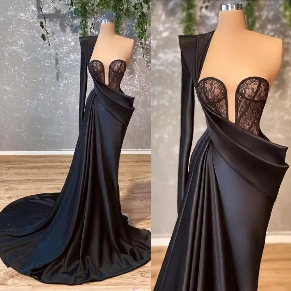 Black Elegant Off Shoulder Mermaid One Shoulder Sleeve Prom Gown Satin Pleat Floor-Length Formal Lace Applique Evening Dresses