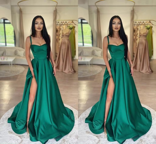 Elegant Green A-Line Prom Dresss Spaghetti Strap Ruched Floor Length High Side SlitEvening Dress robes de soirée