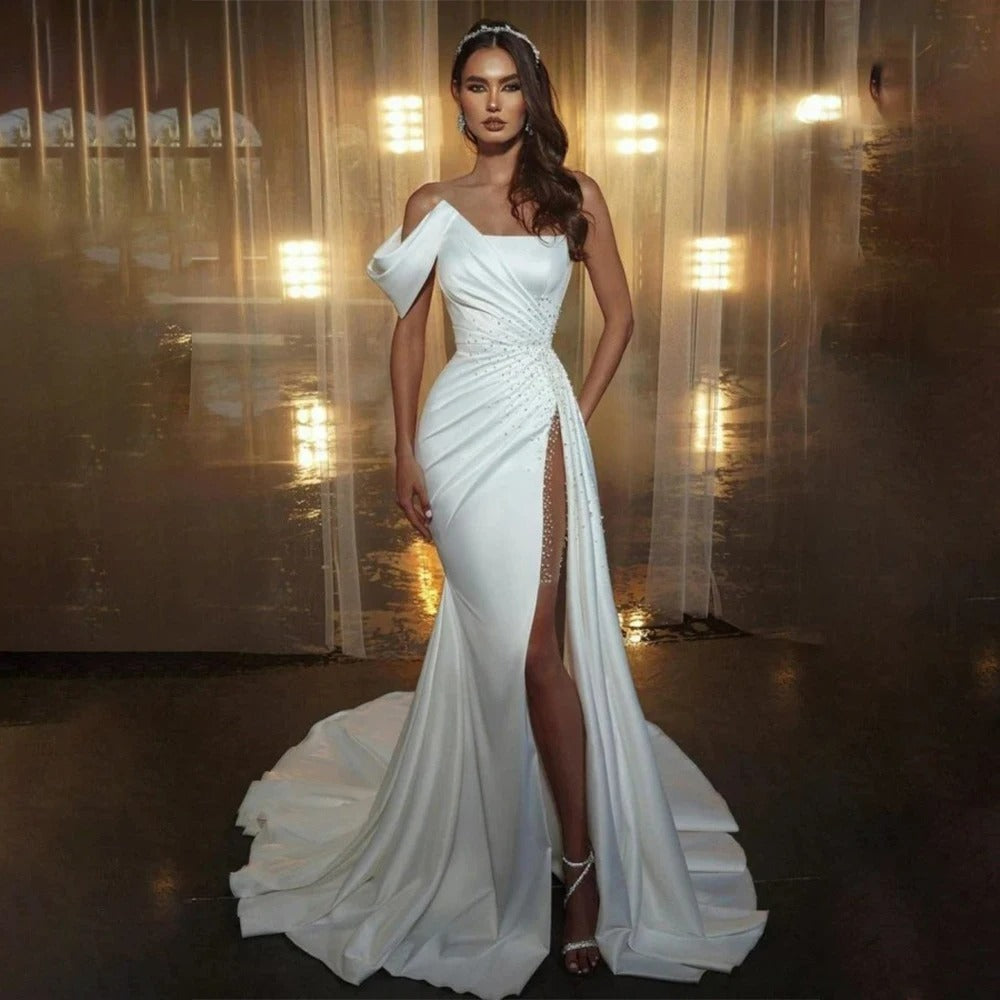 Sexy cetim sereia vestido de casamento com pérolas vestidos de noiva alta fenda plissado para mulher feito sob encomenda vestido de noiva robe de mariee