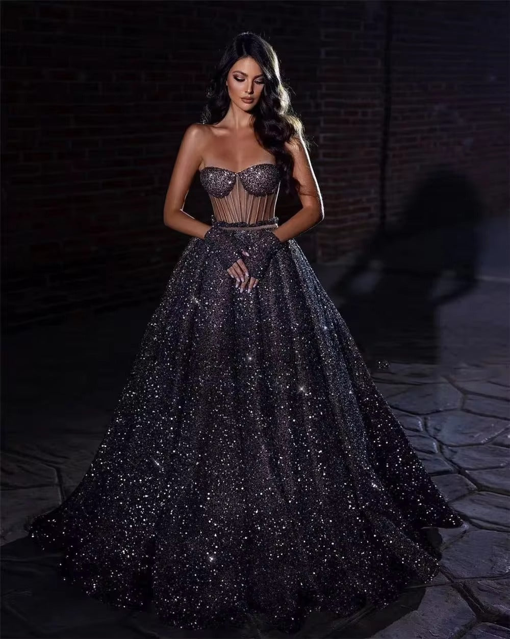 Glitter Sequin A Line Prom Dresses Sweetheart See Through Body Evening Dress Exposed Bones Plus Size Formal Party Gowns