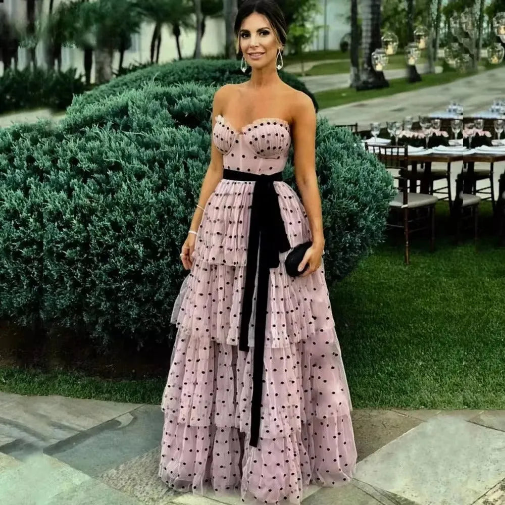 Elegant Sweetheart Multilayer Prom Dress Pink Wave Point Vestidos De Noche With Black Belt Sleeveless