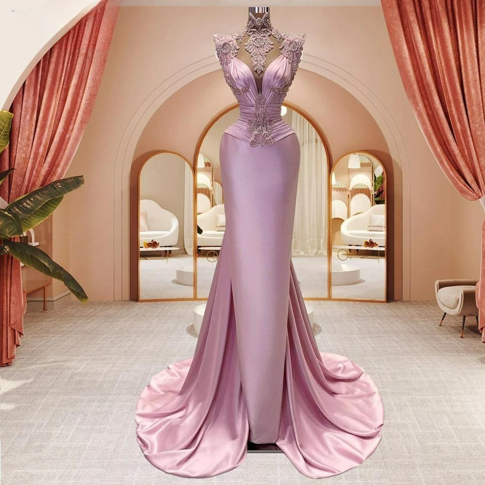 Mermaid High Neck Evening Dresses Arabic Lace Appliques Beaded Satin Prom Dress Plus Size Women Formal Party Gowns