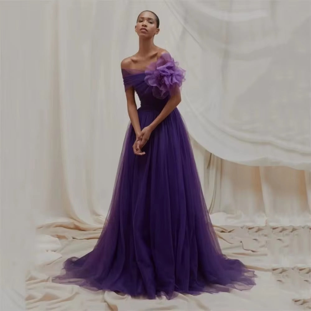 Purple Off Shoulder A-line Prom Dress Pleated Sheath  فستان حفلات الزفاف Strapless Tulle vestidos de festa