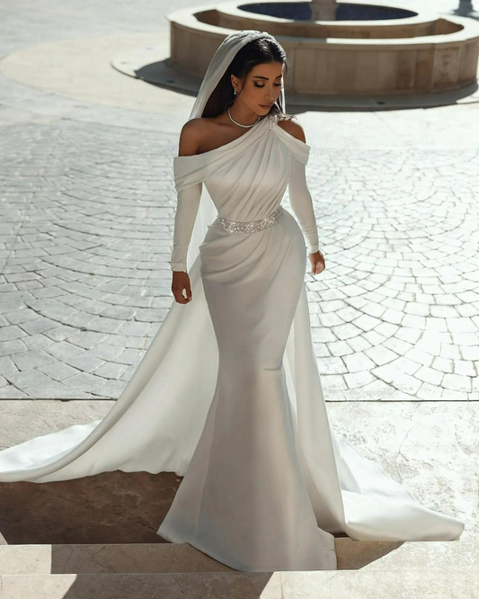 Love Elegant One épaule plissée sequnins sirène teinture de mariée robes de mariée longueur de sol robes de mariée à manches longues