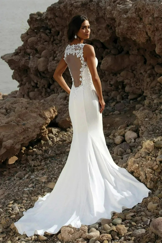 Elegant V Neck Mermaid Wedding Dress Sleeveless Appliques Satin Illusion Back Sweep Train Bridal Gown Vestidos De Novia