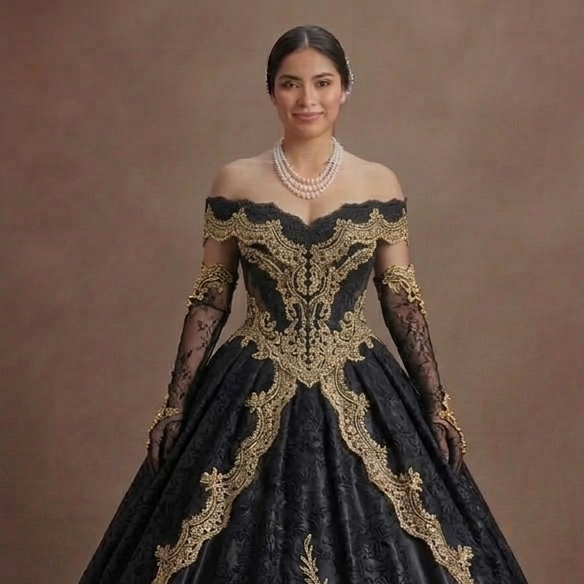 Elegant Black Quinceañera Dress Gold Lace Fabric Trim