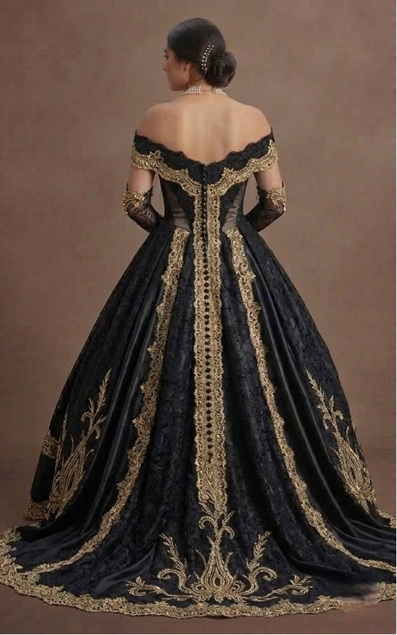 Elegant Black Quinceañera Dress Gold Lace Fabric Trim