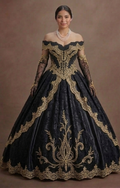Elegant Black Quinceañera Dress Gold Lace Fabric Trim