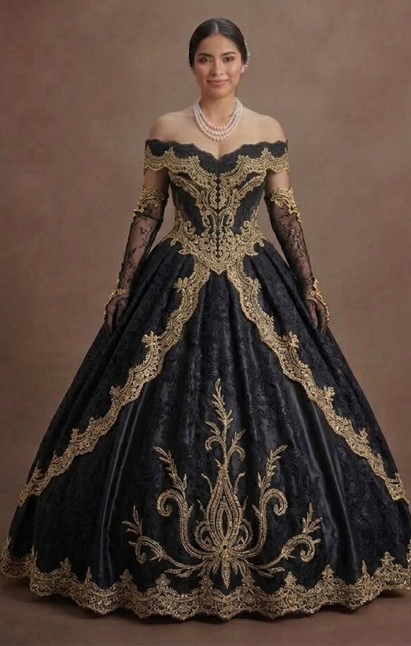 Elegant Black Quinceañera Dress Gold Lace Fabric Trim