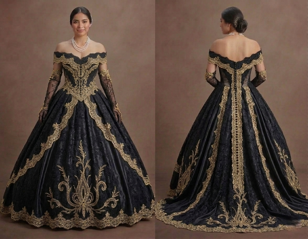 Elegant Black Quinceañera Dress Gold Lace Fabric Trim