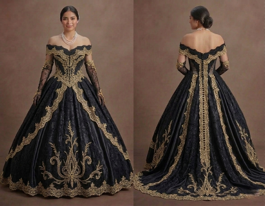 Elegant Black Quinceañera Dress Gold Lace Fabric Trim