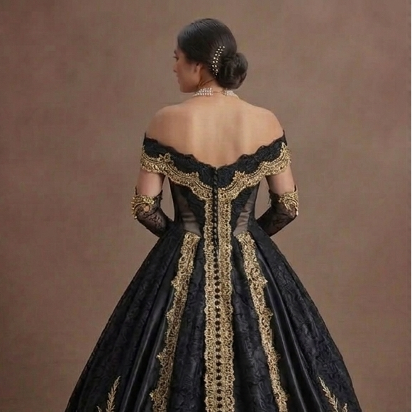Elegant Black Quinceañera Dress Gold Lace Fabric Trim