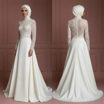 Elegant Hijab Wedding Dress With Pearl Detail Muslim