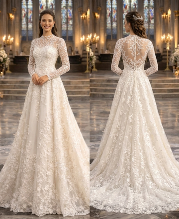 Elegant Long Sleeve Lace High Neck A-Line Bridal Gown