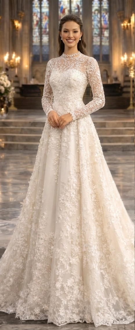 Elegant Long Sleeve Lace High Neck A-Line Bridal Gown