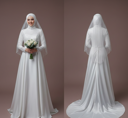 Elegant Muslim Wedding Dress Modest A-Line Satin High Coverage Bride