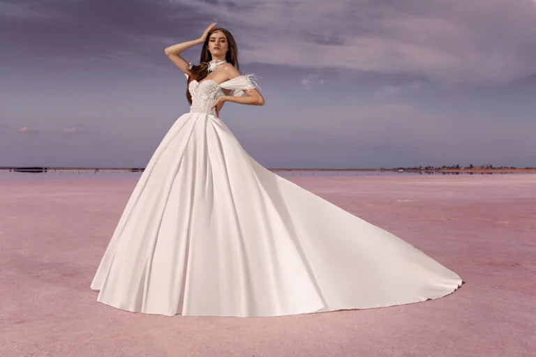 Elegant A-Line Marriage Gown with Off-the-Shoulder Sleeves and Off-Shoulder Neckline, Designed with a Flattering Natural Waistline for a Graceful and Timeless Bridal Look