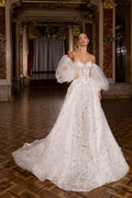 Charming A-Line Wedding Gown with Puff Sleeves, Sweetheart Neckline, and Lace Embellishments